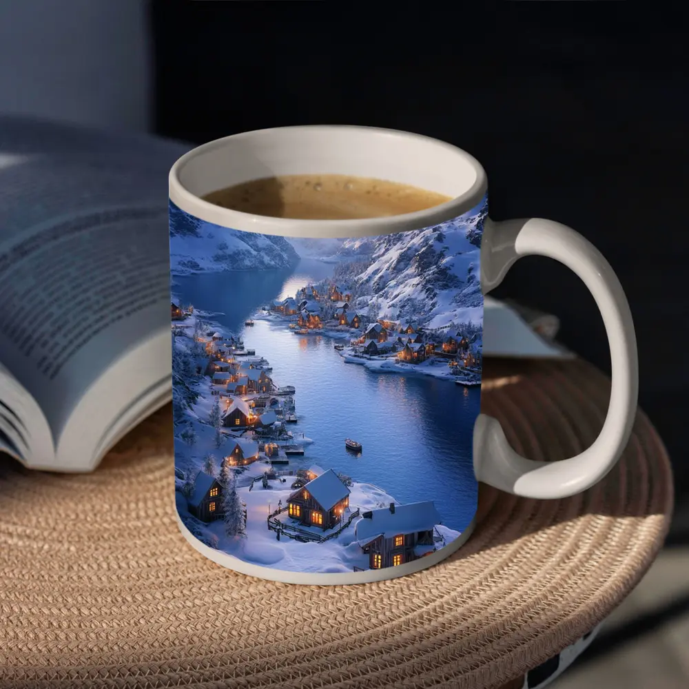 Snowy Mountain Village Fjord Winter Sunset – Mugs