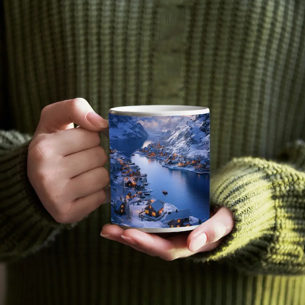 Snowy Mountain Village Fjord Winter Sunset – Mugs