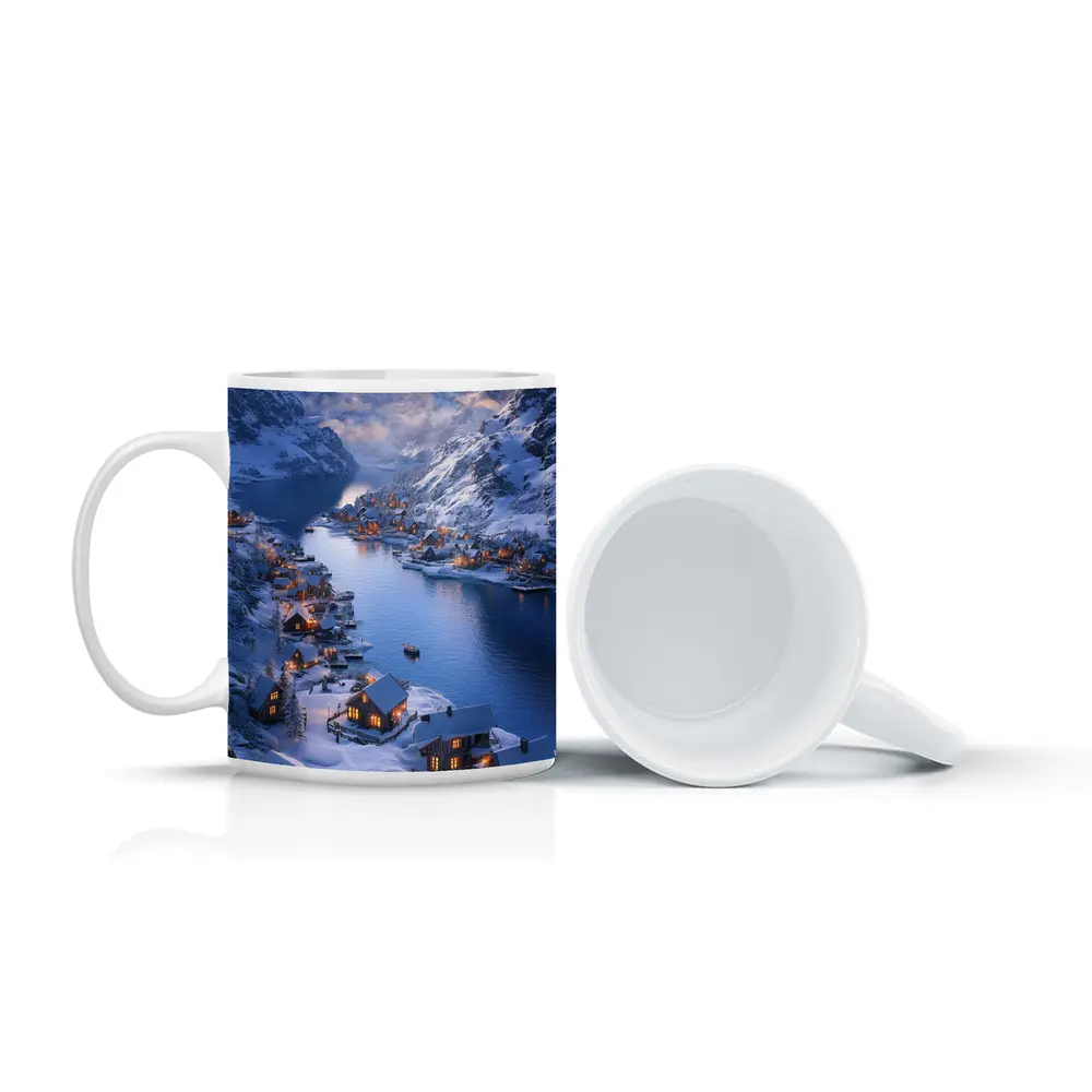 Snowy Mountain Village Fjord Winter Sunset – Mugs