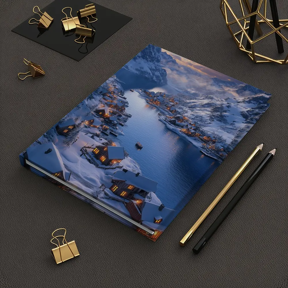 Snowy Mountain Village Fjord Winter Sunset – Notebooks