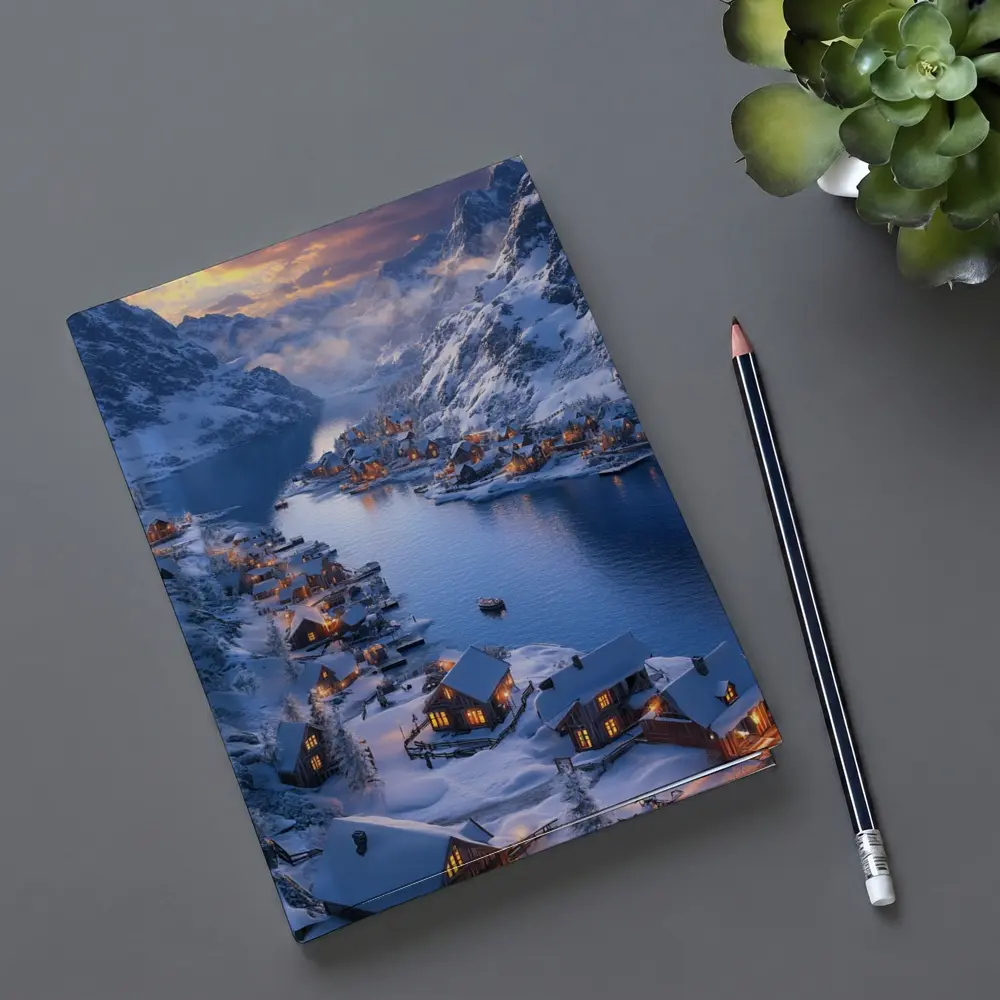 Snowy Mountain Village Fjord Winter Sunset – Notebooks