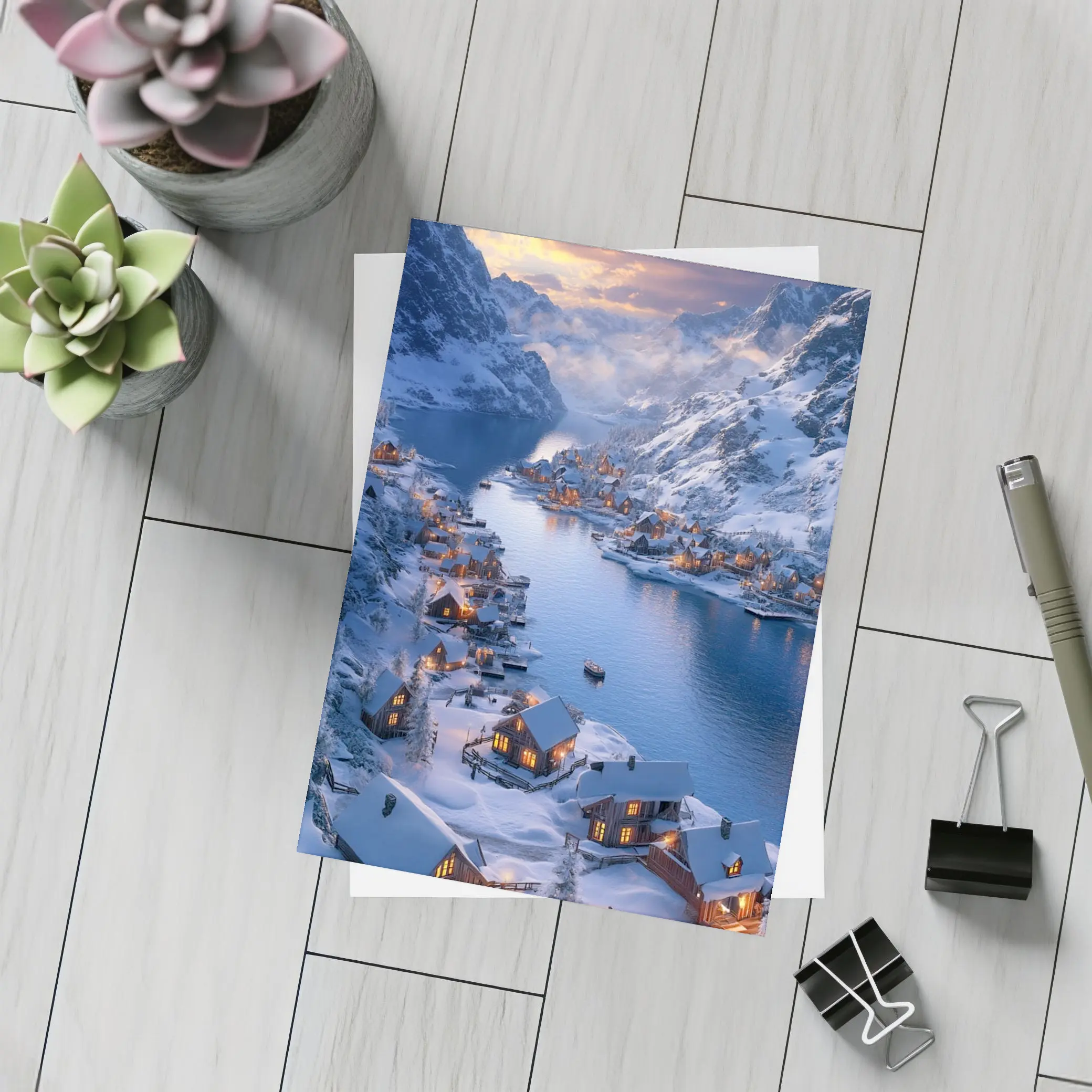 Snowy Mountain Village Fjord Winter Sunset – Postcards