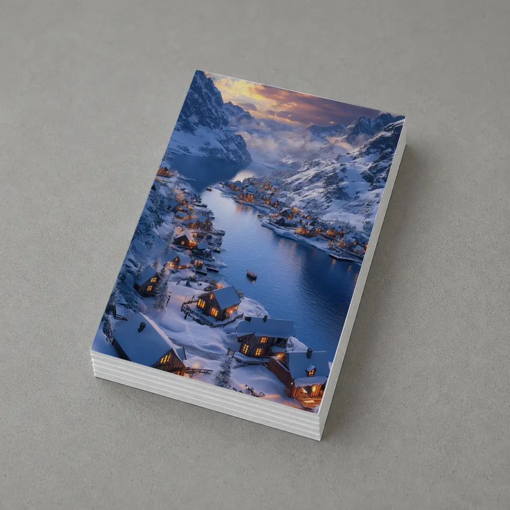 Snowy Mountain Village Fjord Winter Sunset – Postcards