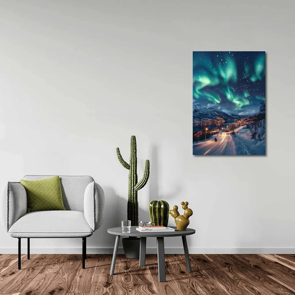 Aurora Borealis Over Snowy Nordic Village – Wall Art