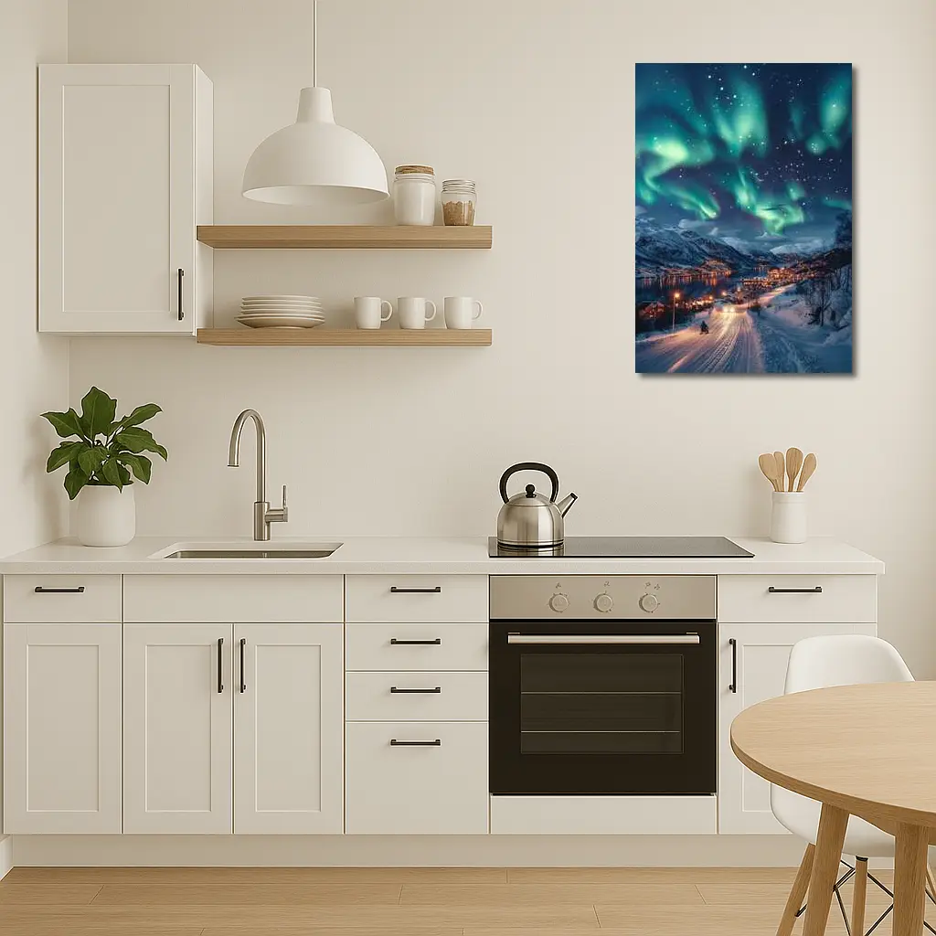 Aurora Borealis Over Snowy Nordic Village – Wall Art