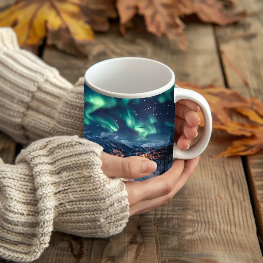 Aurora Borealis Over Snowy Nordic Village – Mugs