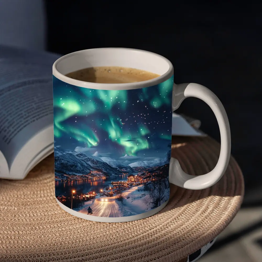 Aurora Borealis Over Snowy Nordic Village – Mugs