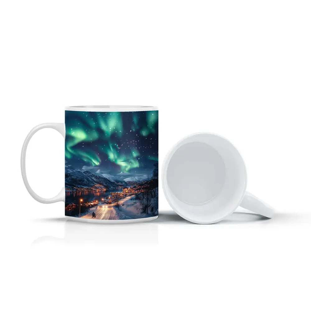 Aurora Borealis Over Snowy Nordic Village – Mugs