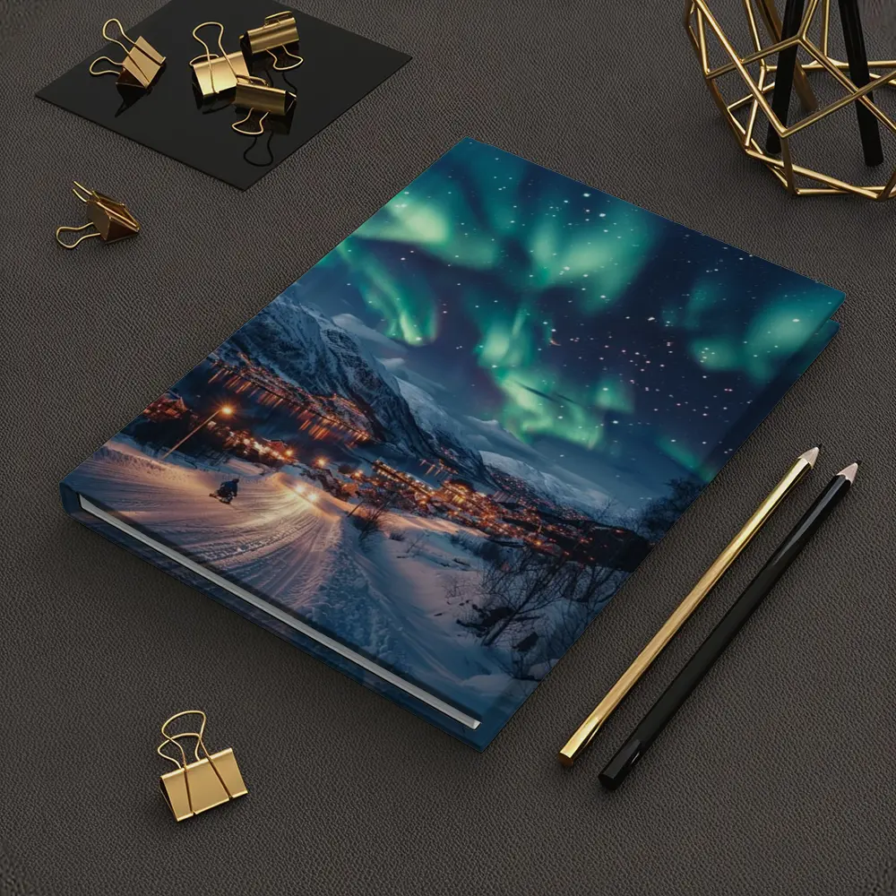 Aurora Borealis Over Snowy Nordic Village – Notebooks