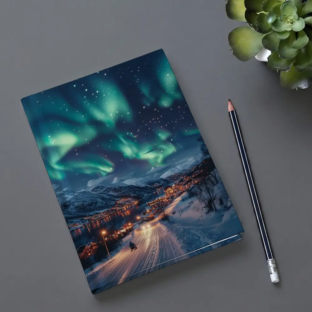 Aurora Borealis Over Snowy Nordic Village – Notebooks