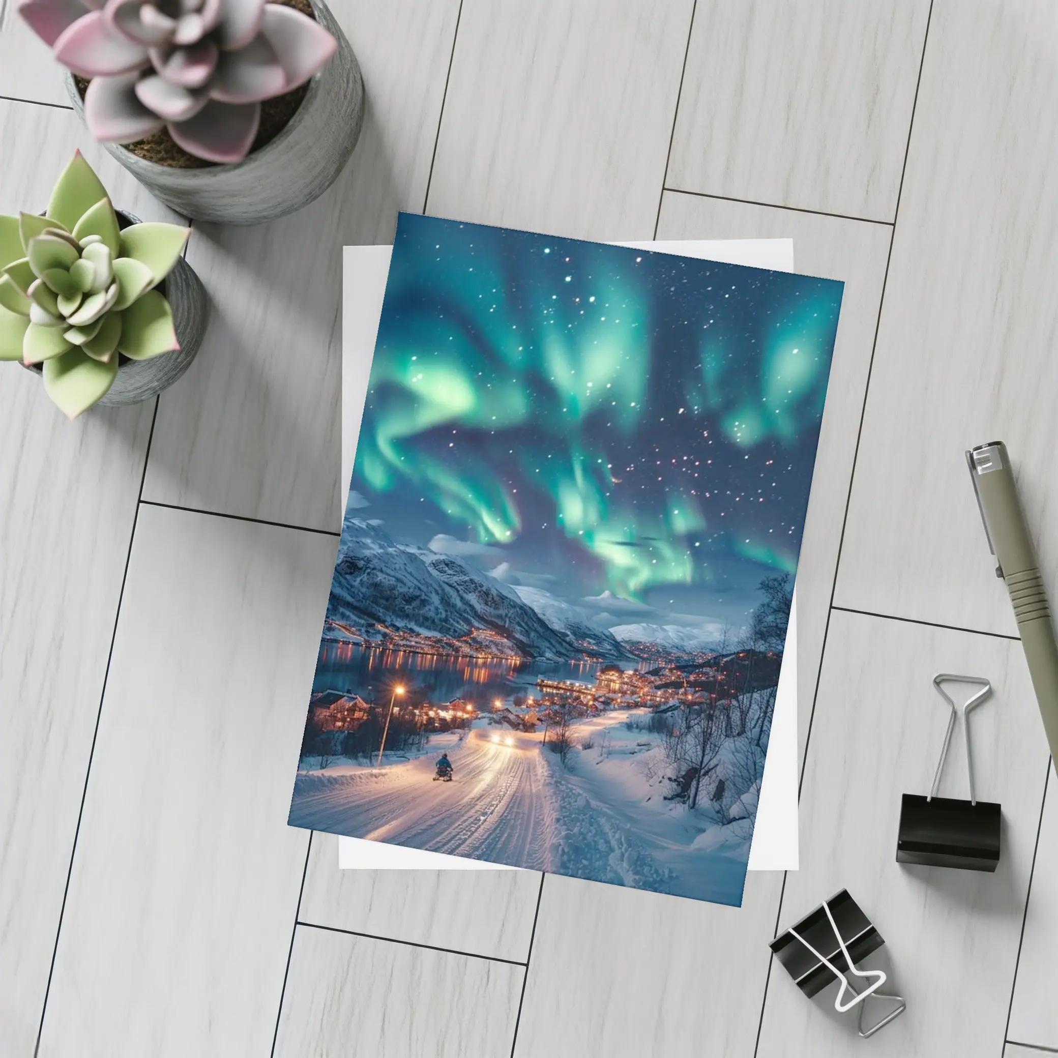 Aurora Borealis Over Snowy Nordic Village – Postcards