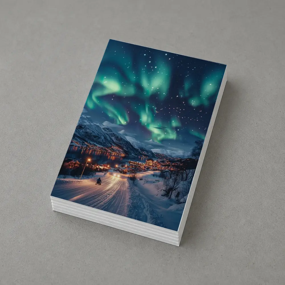 Aurora Borealis Over Snowy Nordic Village – Postcards