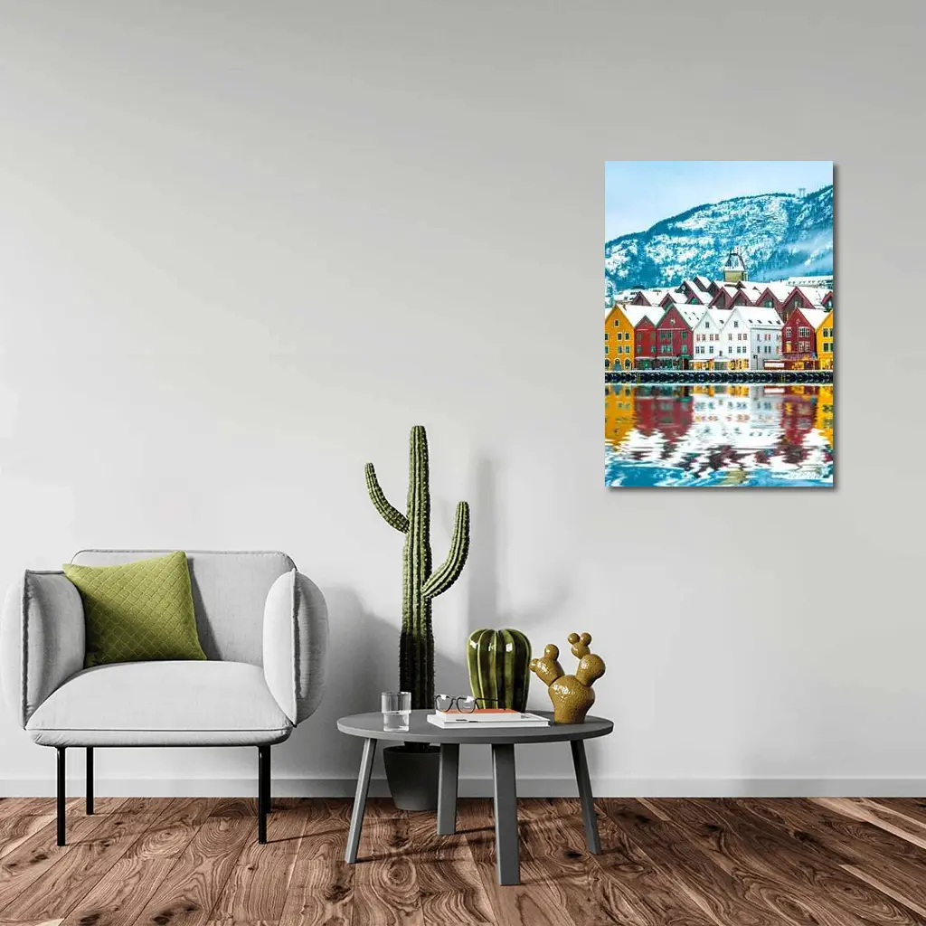 Bergen Bryggen Waterfront Snow Winter Norway – Wall Art