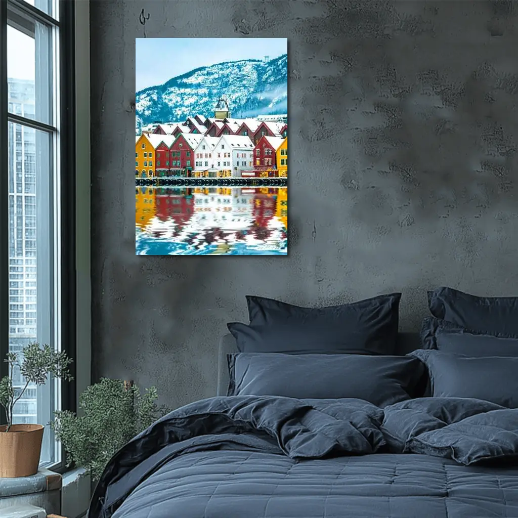 Bergen Bryggen Waterfront Snow Winter Norway – Wall Art