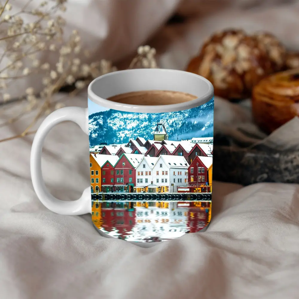 Bergen Bryggen Waterfront Snow Winter Norway – Mugs