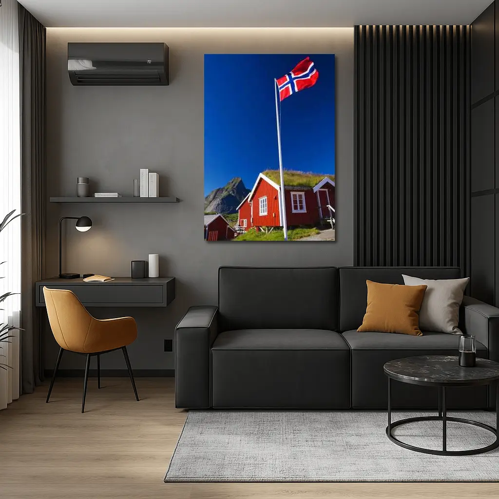 Norwegian Flag Red Cabins Lofoten Mountains – Wall Art
