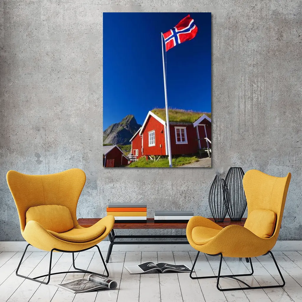 Norwegian Flag Red Cabins Lofoten Mountains – Wall Art