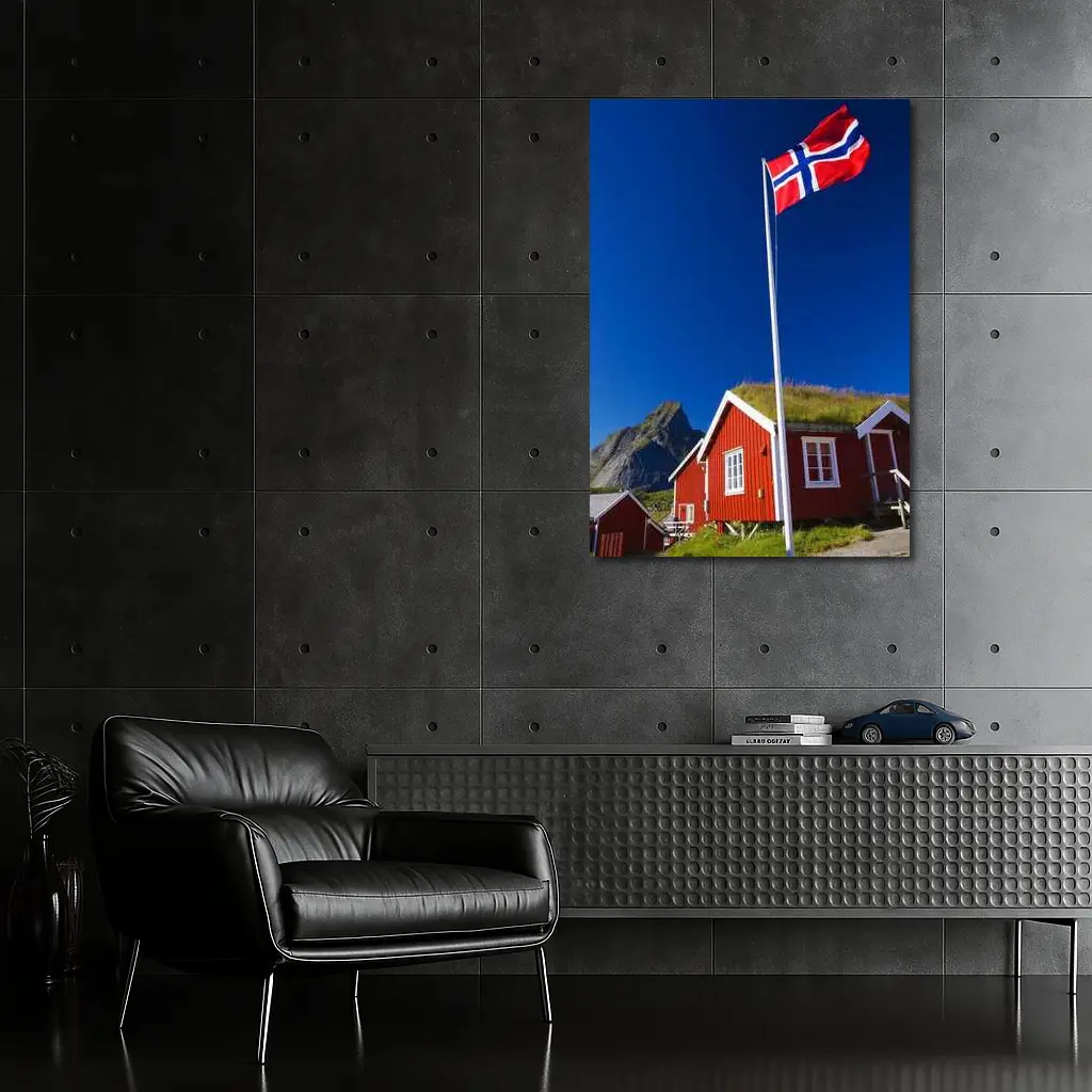 Norwegian Flag Red Cabins Lofoten Mountains – Wall Art