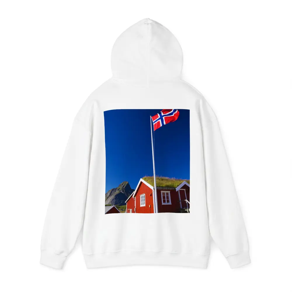 Norwegian Flag Red Cabins Lofoten Mountains – Hoodies
