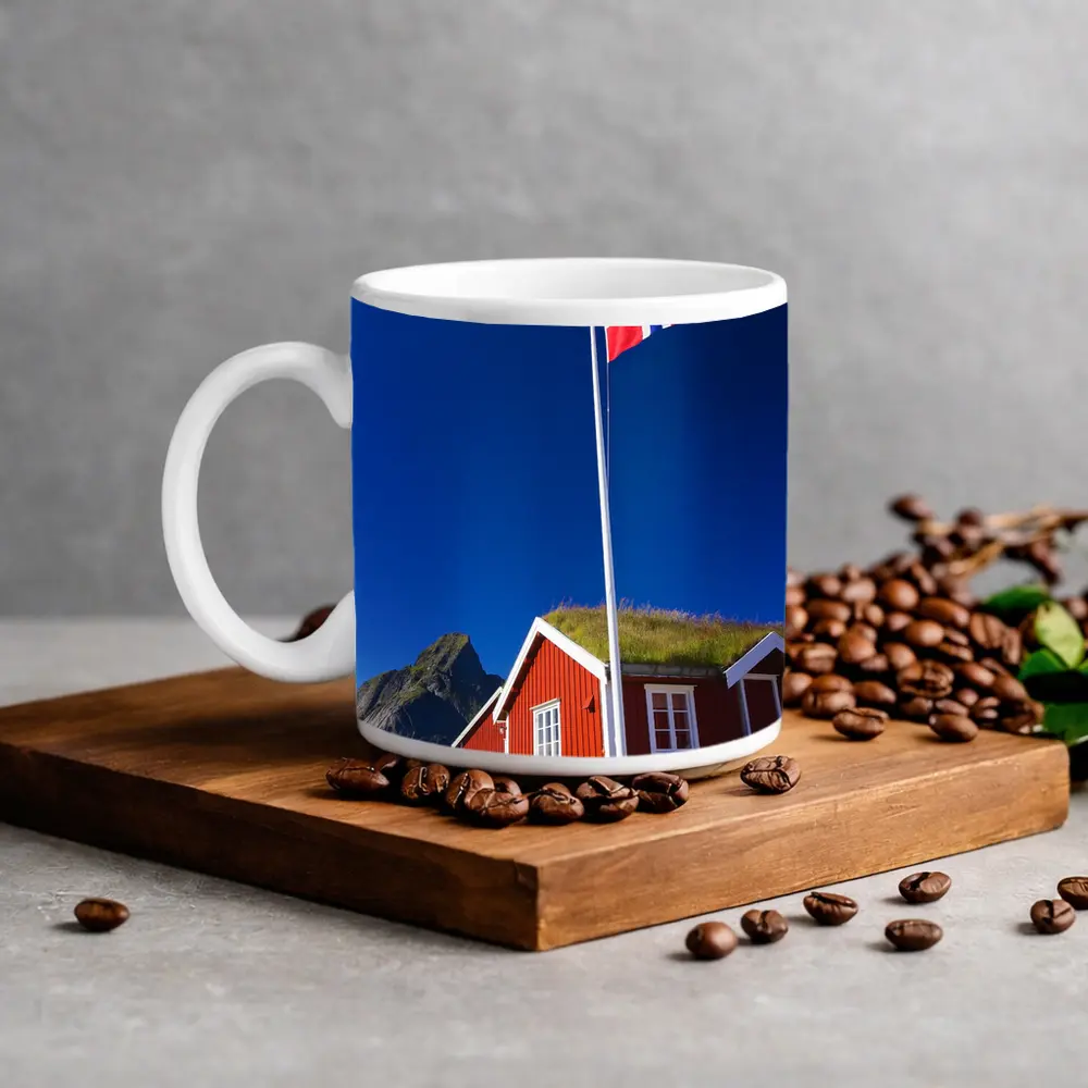 Norwegian Flag Red Cabins Lofoten Mountains – Mugs