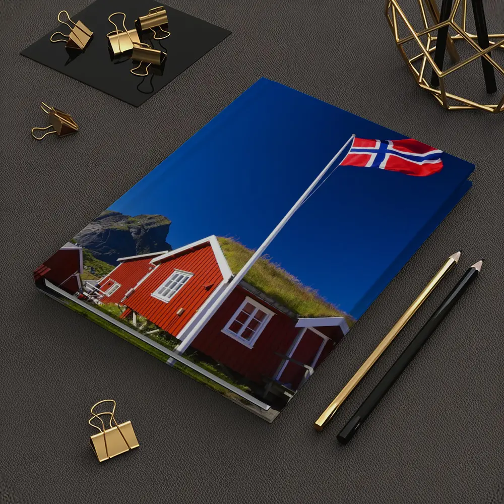 Norwegian Flag Red Cabins Lofoten Mountains – Notebooks