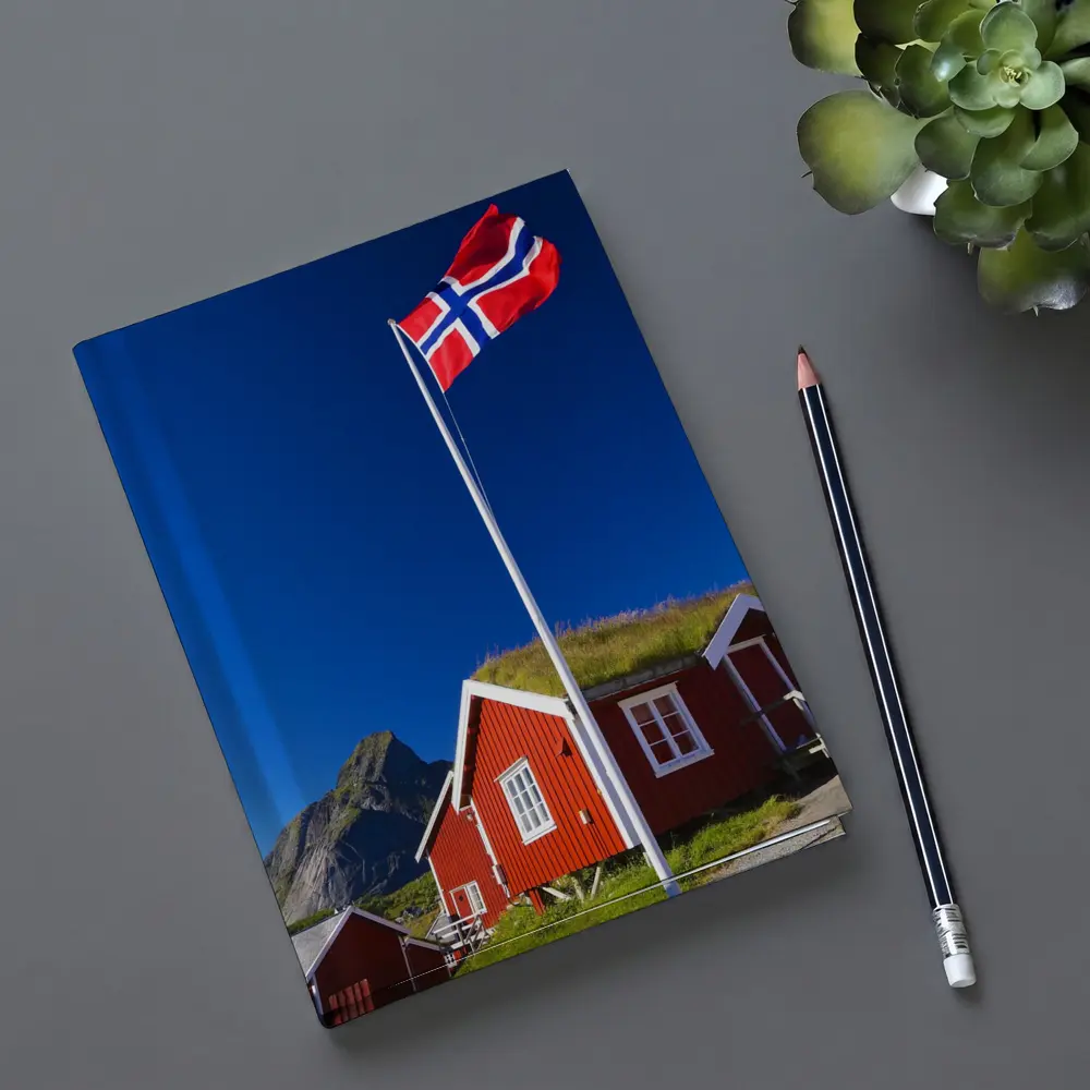 Norwegian Flag Red Cabins Lofoten Mountains – Notebooks