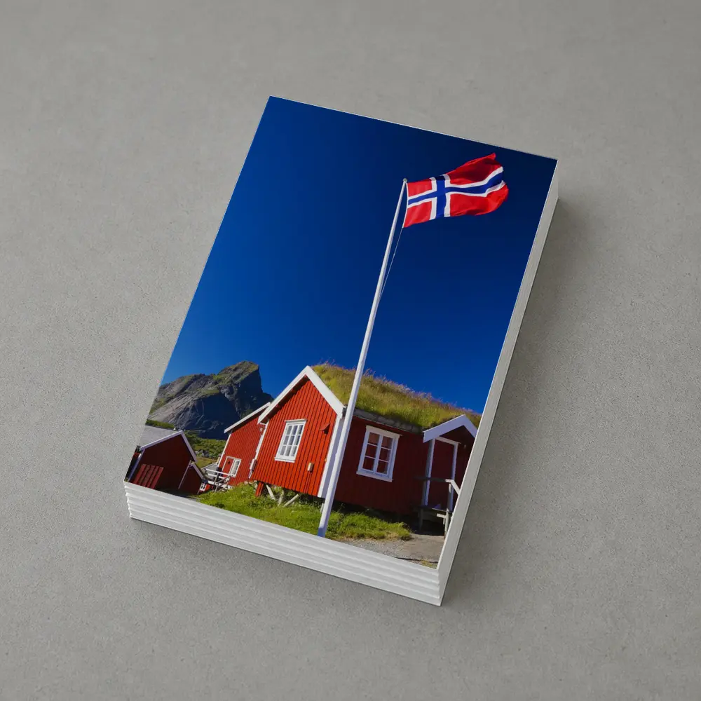 Norwegian Flag Red Cabins Lofoten Mountains – Postcards