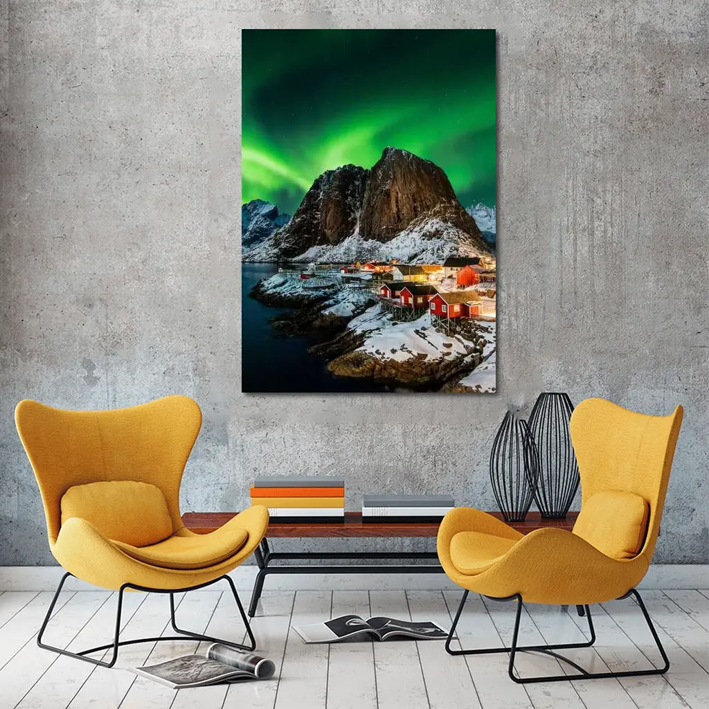 Northern Lights Over Lofoten Village Norway – Wall Art