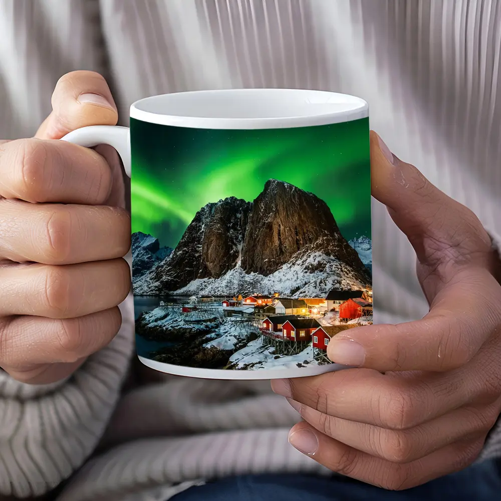 Northern Lights Over Lofoten Village Norway – Mugs