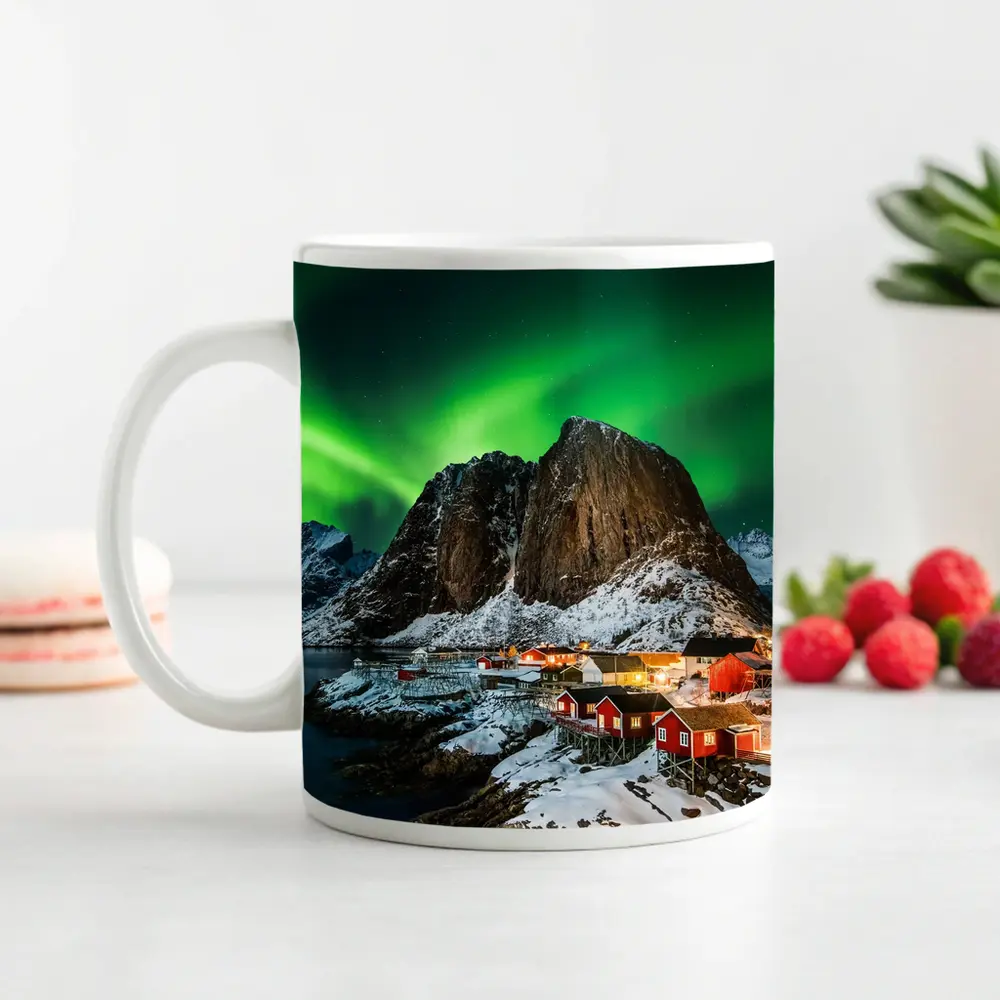 Northern Lights Over Lofoten Village Norway – Mugs