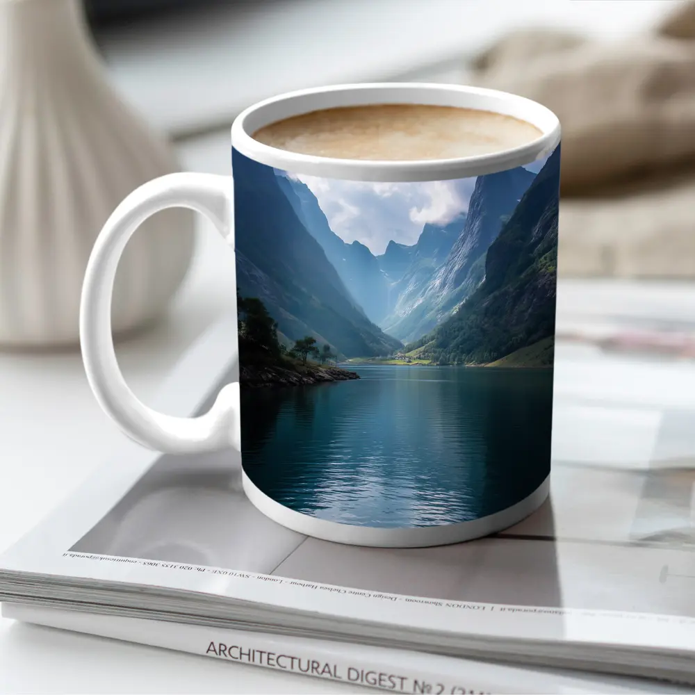 Norwegian Fjord Calm Blue Mountain Lake – Mugs