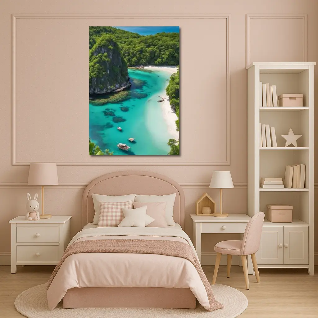 Tropical Island Cove Turquoise Water Aerial View – Wall Art