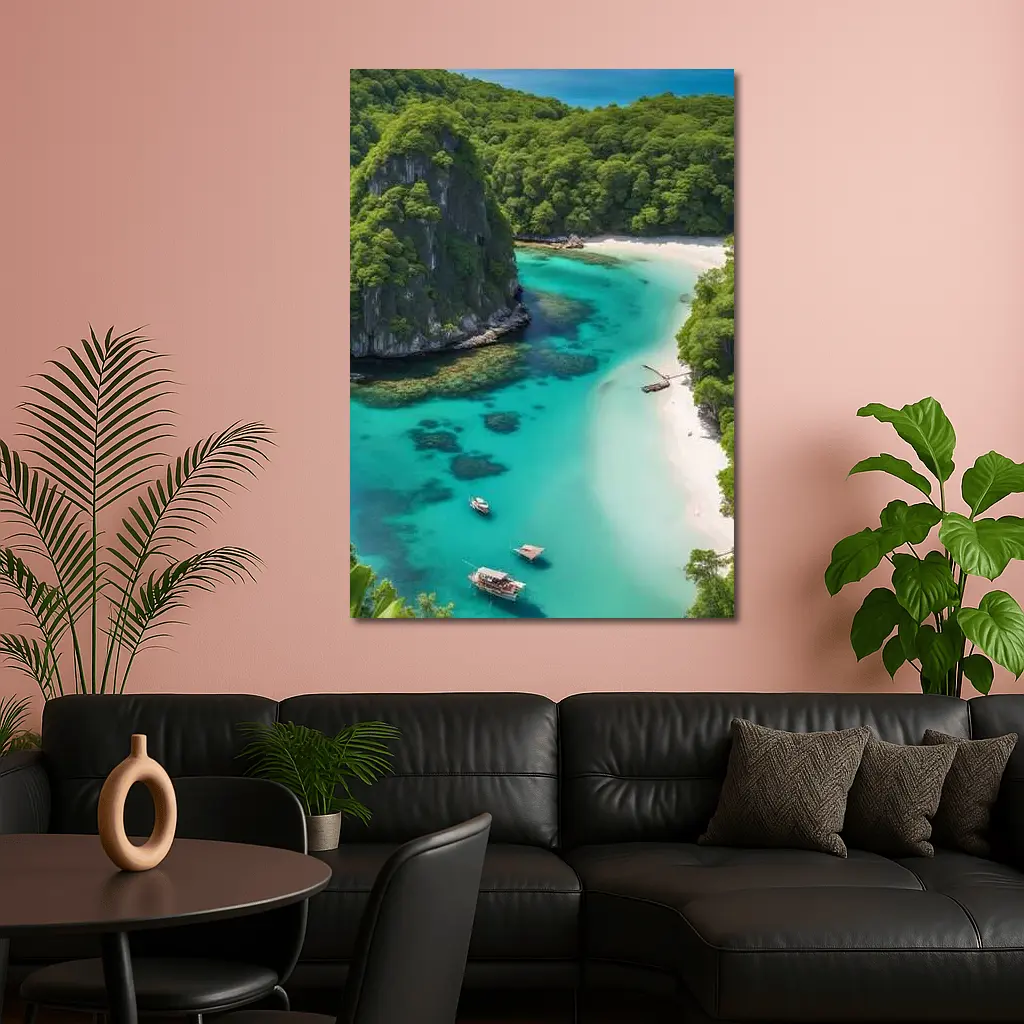 Tropical Island Cove Turquoise Water Aerial View – Wall Art