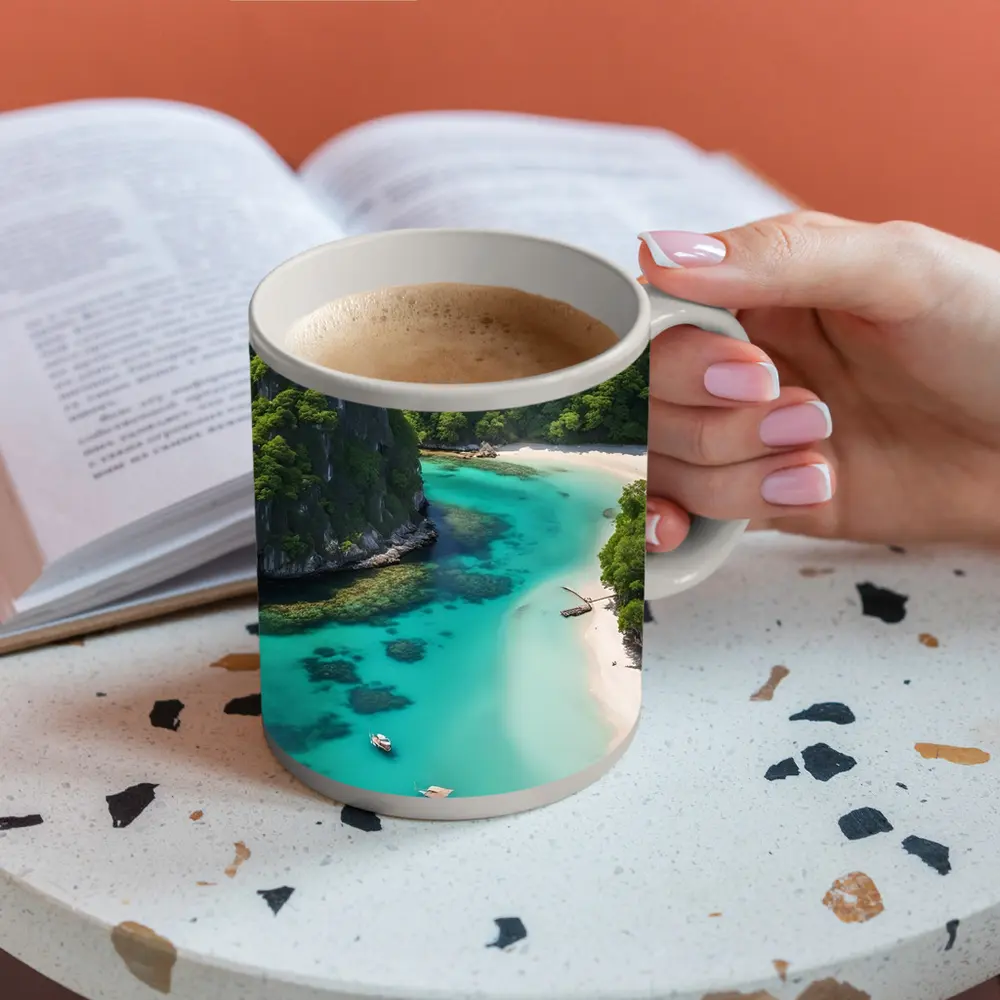 Tropical Island Cove Turquoise Water Aerial View – Mugs
