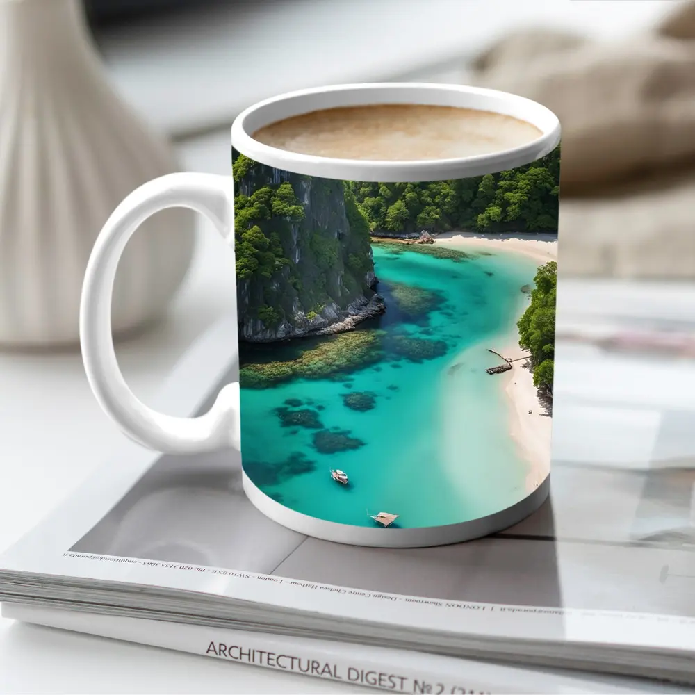 Tropical Island Cove Turquoise Water Aerial View – Mugs