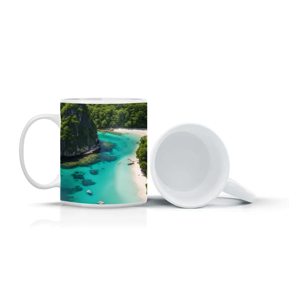 Tropical Island Cove Turquoise Water Aerial View – Mugs