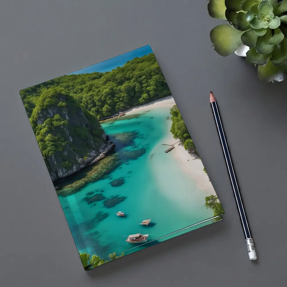 Tropical Island Cove Turquoise Water Aerial View – Notebooks