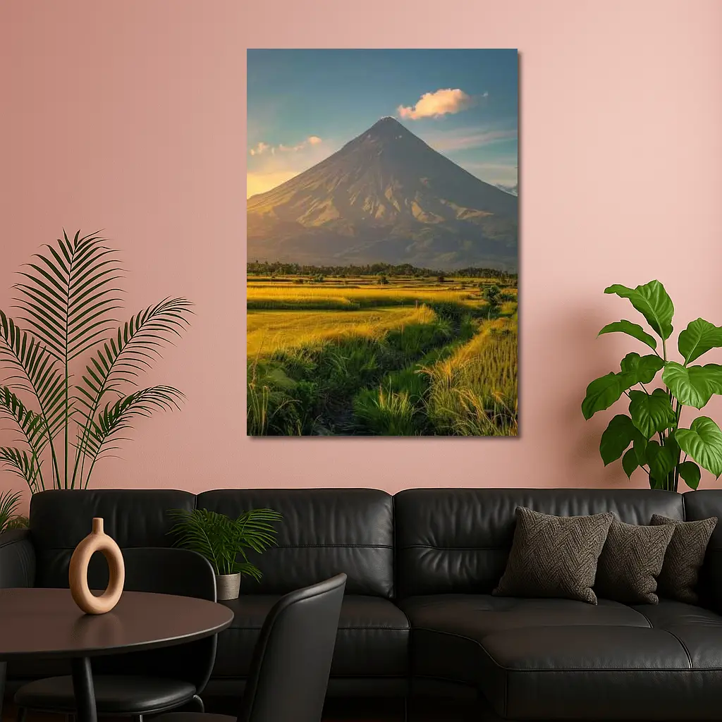 Mayon Volcano Rising Over Green Rice Fields – Wall Art