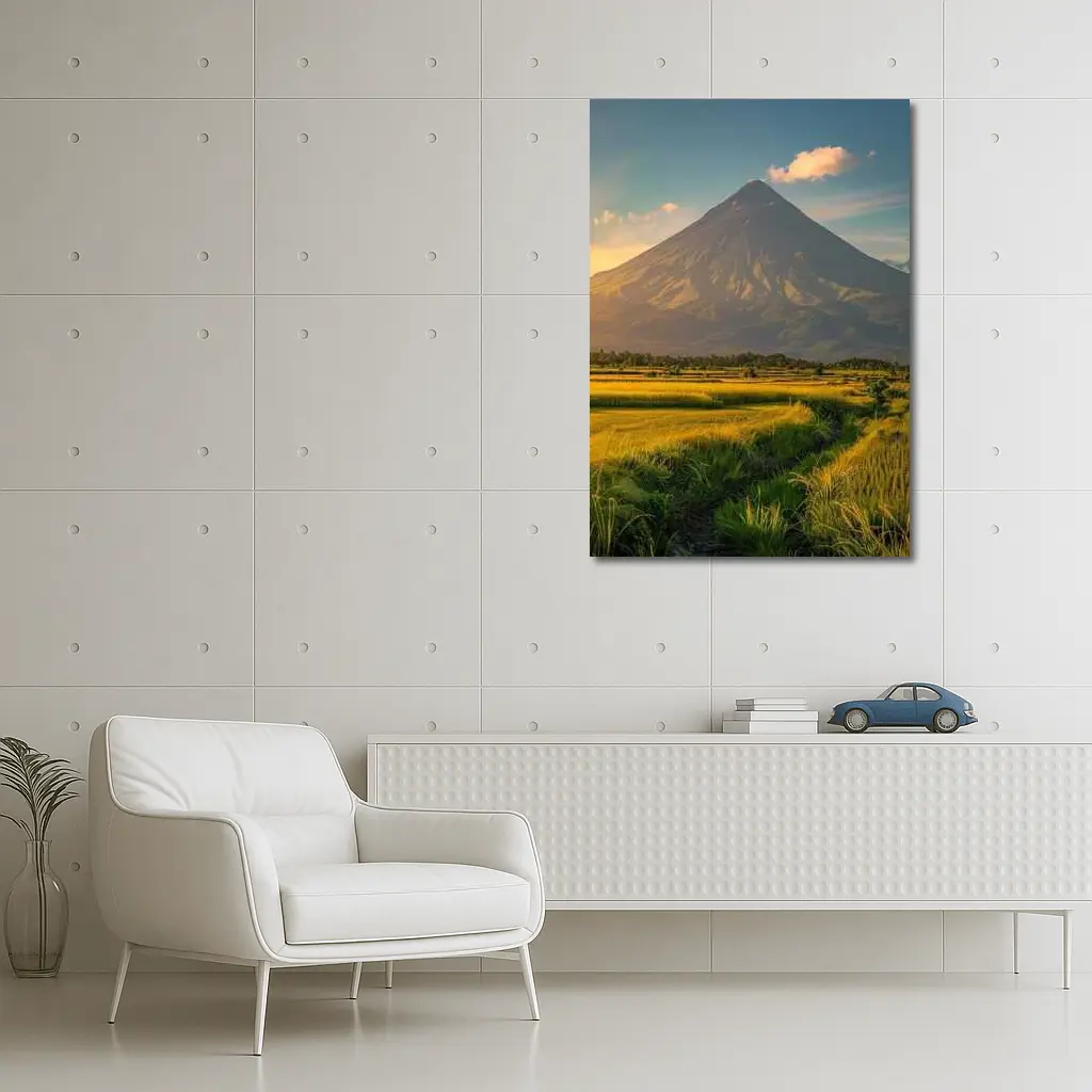 Mayon Volcano Rising Over Green Rice Fields – Wall Art