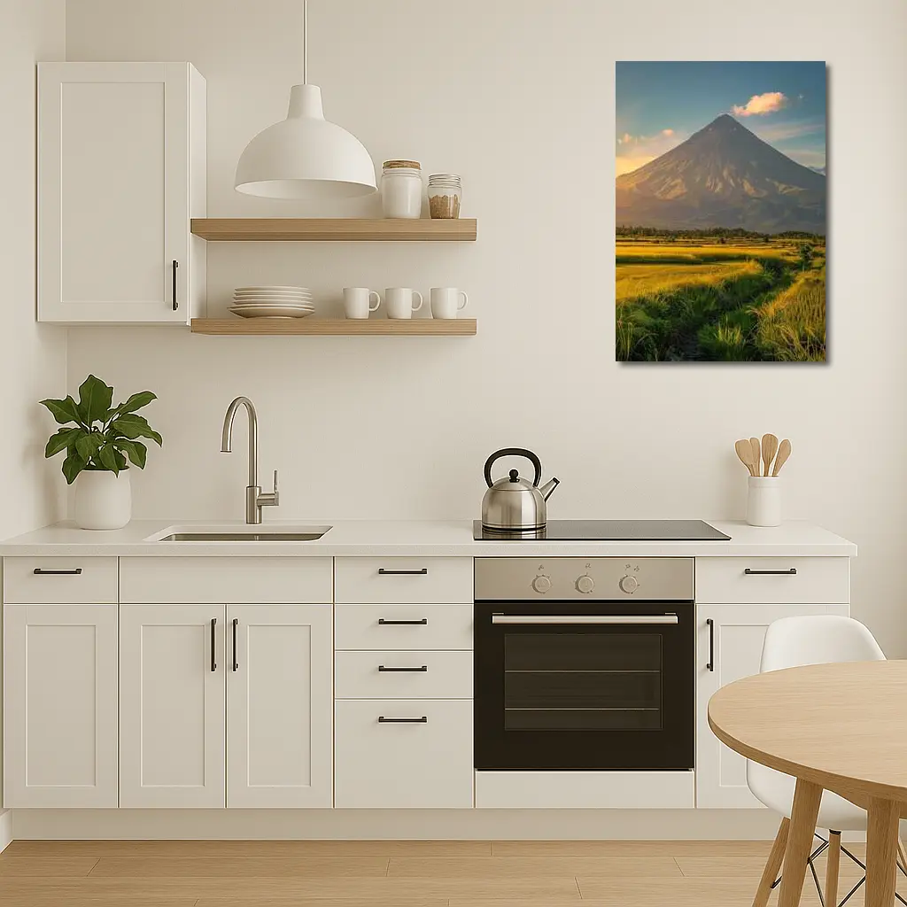 Mayon Volcano Rising Over Green Rice Fields – Wall Art