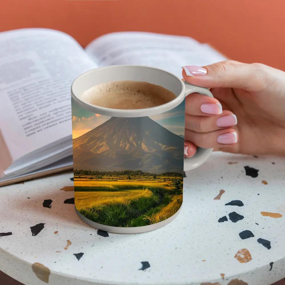 Mayon Volcano Rising Over Green Rice Fields – Mugs