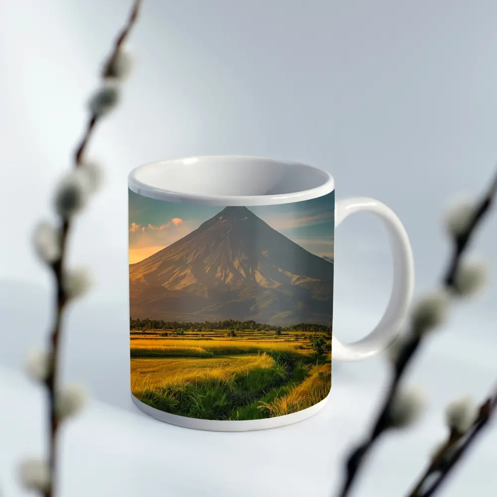 Mayon Volcano Rising Over Green Rice Fields – Mugs