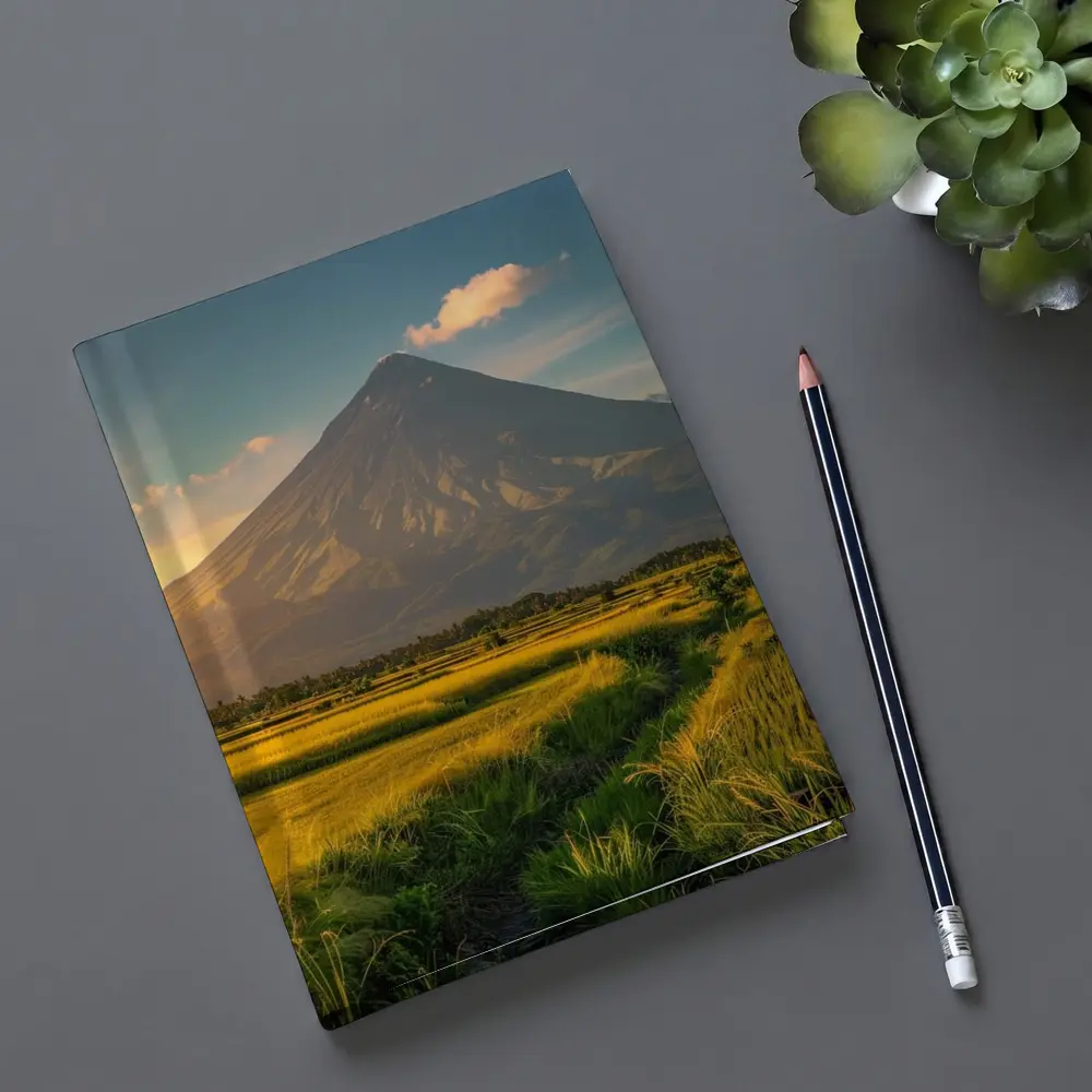 Mayon Volcano Rising Over Green Rice Fields – Notebooks