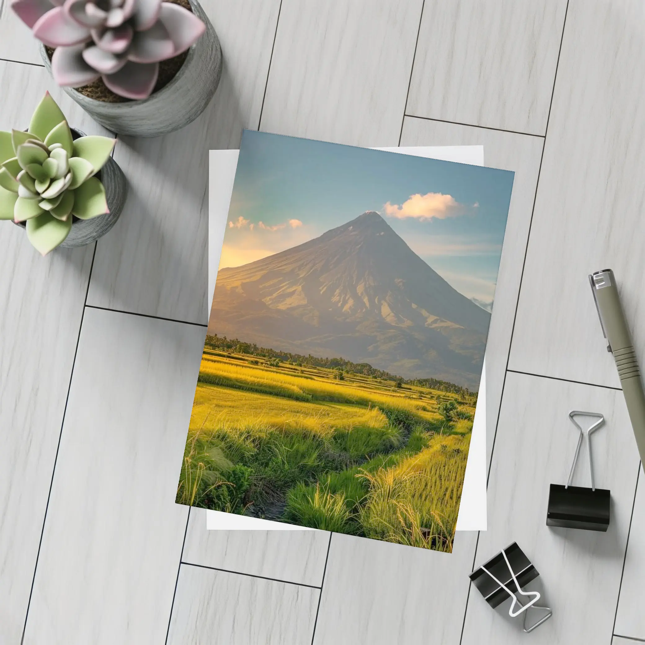 Mayon Volcano Rising Over Green Rice Fields – Postcards