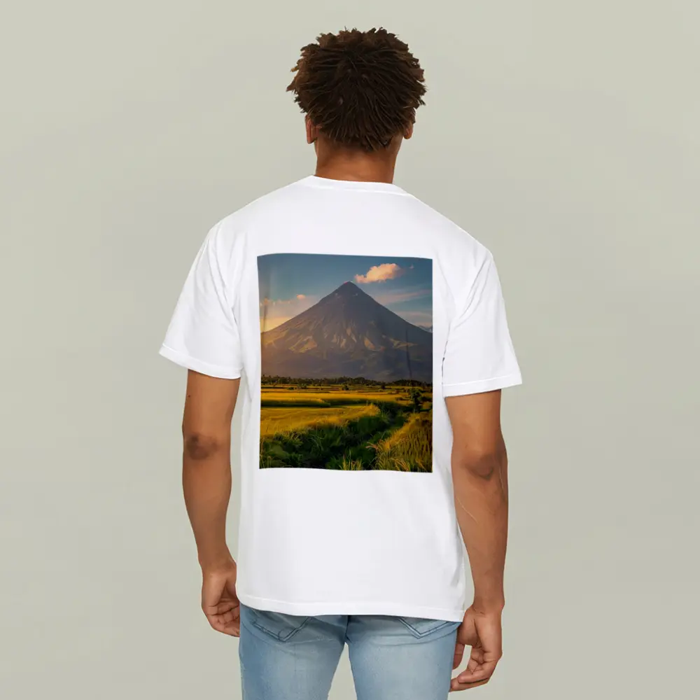 Mayon Volcano Rising Over Green Rice Fields – T-Shirts