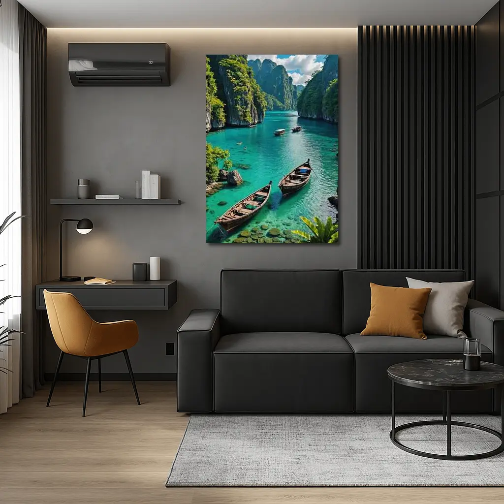 Turquoise Lagoon Boats Karst Cliffs Thailand – Wall Art