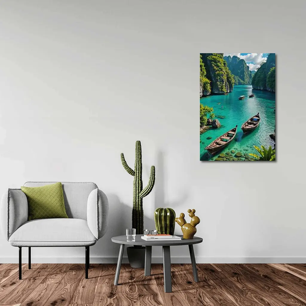 Turquoise Lagoon Boats Karst Cliffs Thailand – Wall Art