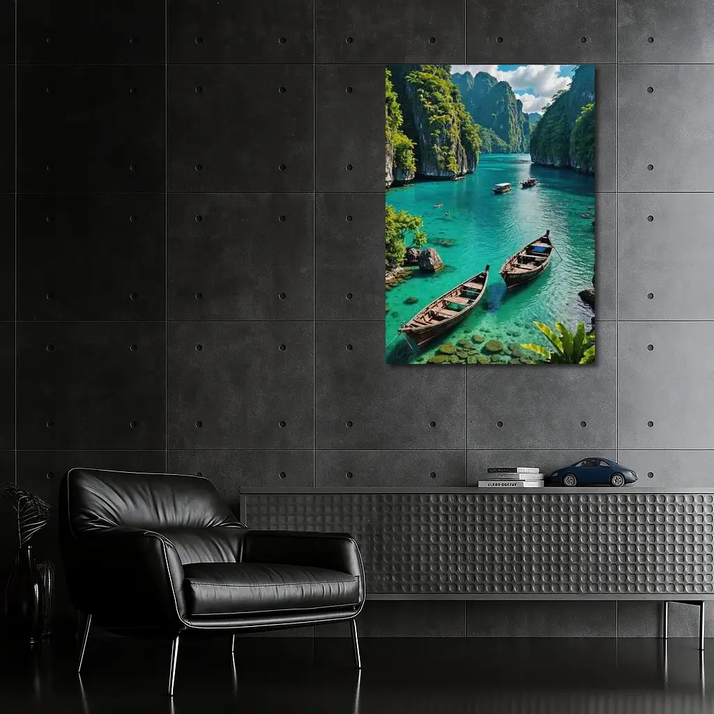 Turquoise Lagoon Boats Karst Cliffs Thailand – Wall Art