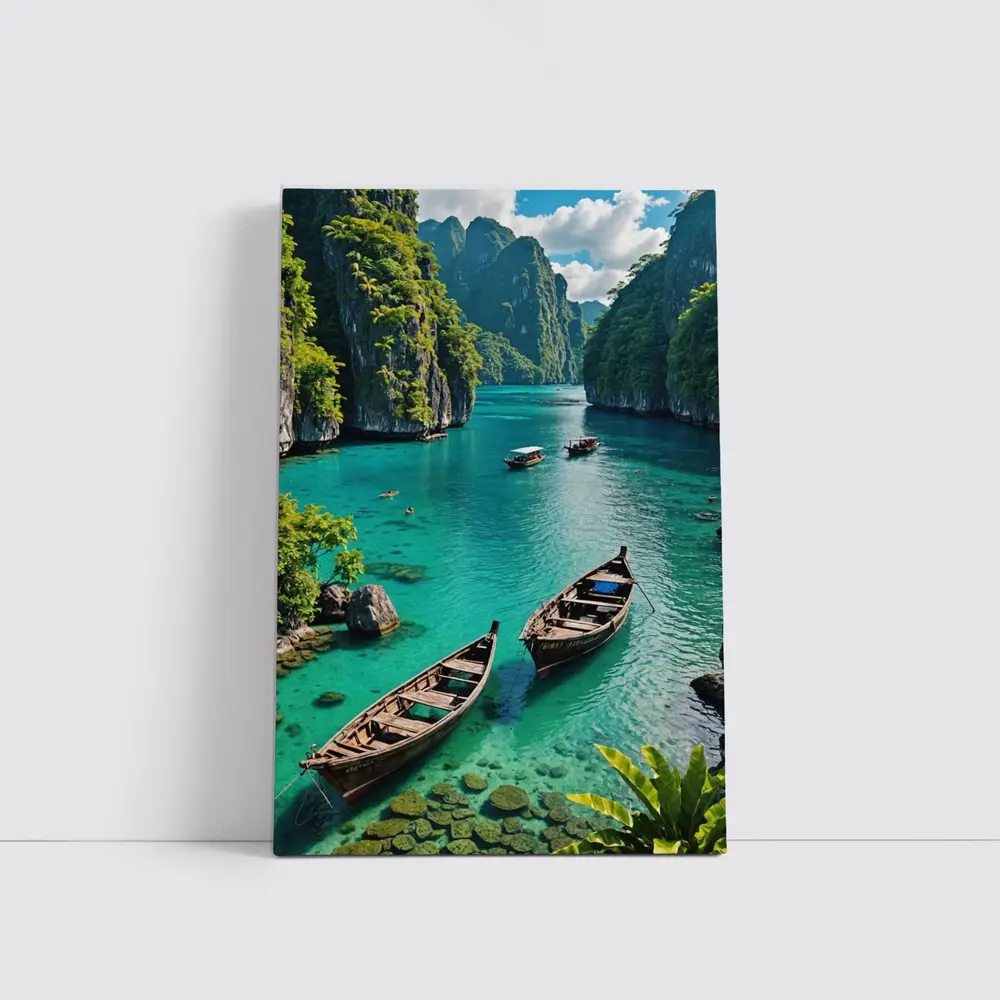 Turquoise Lagoon Boats Karst Cliffs Thailand – Wall Art