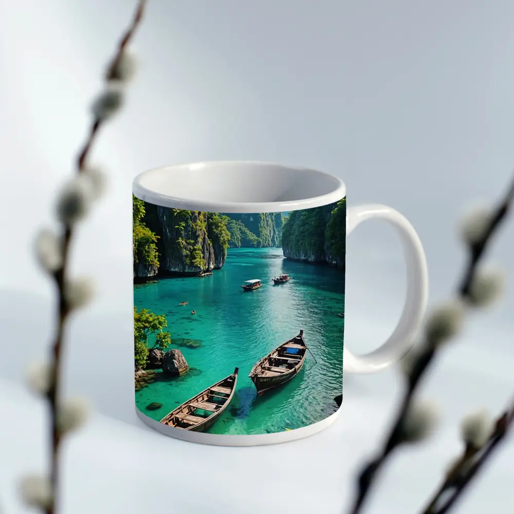 Turquoise Lagoon Boats Karst Cliffs Thailand – Mugs